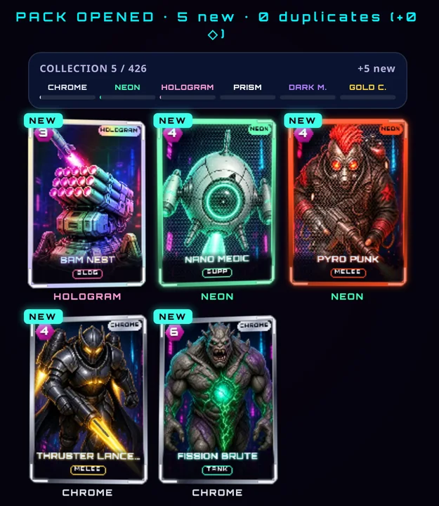 The PACK OPENED screen after a Datapak: five new finishes, in-game screenshot